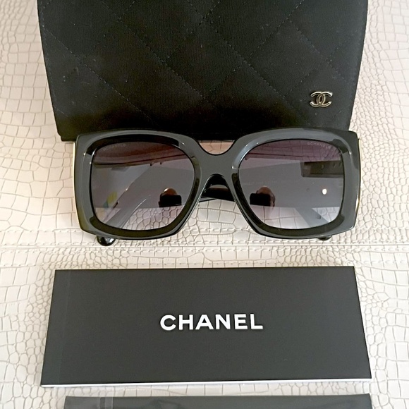 New Chanel 5435 C.501/6G Black/Gold, Grey Gradient Lens RECTANGLE SUNGLASSES . - Picture 3 of 16